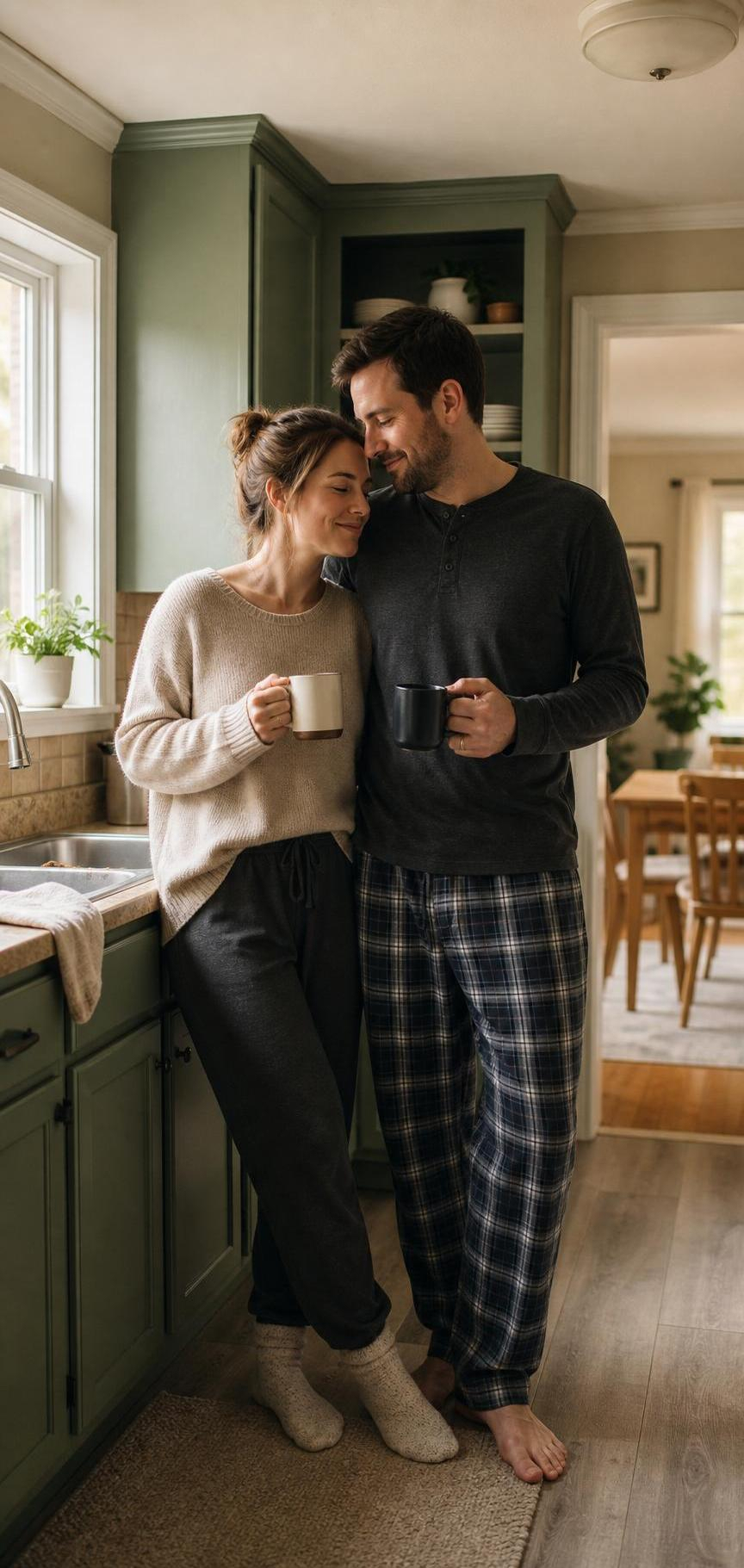A couple standing close together in a cozy kitchen, each holding a mug.