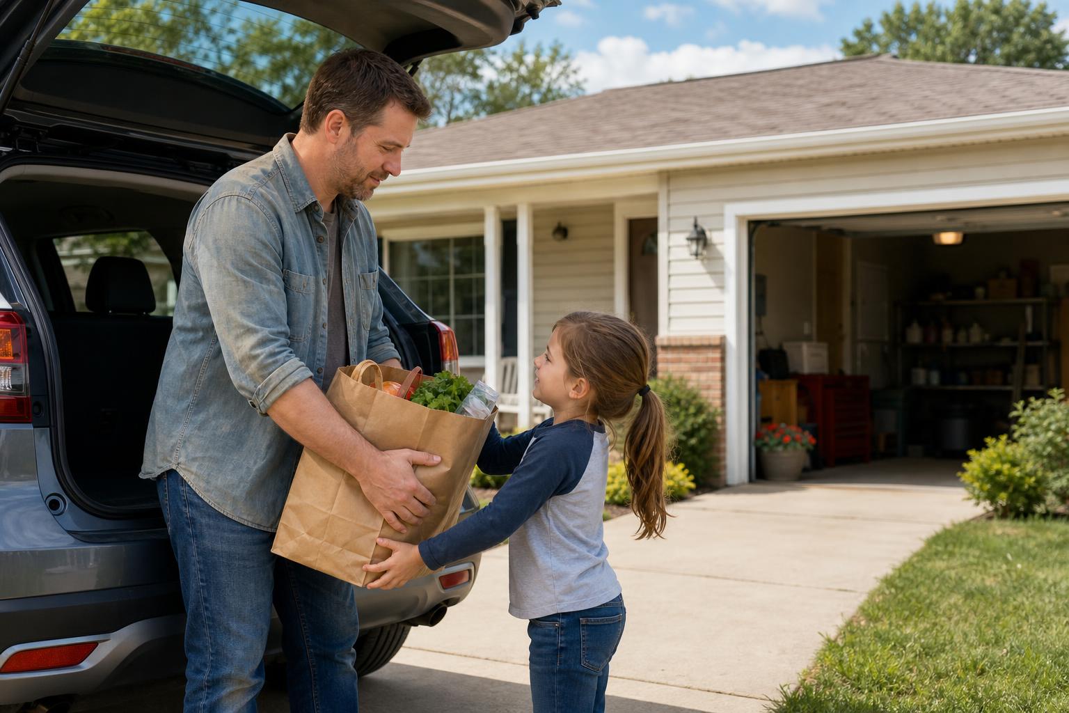 A man in a driveway hands a grocery bag to a young girl beside an open SUV in front of a suburban house.